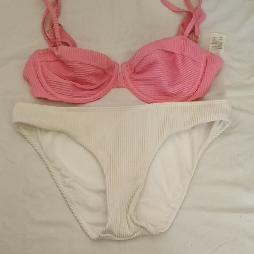 Pink and White Ribbed Bikini Set